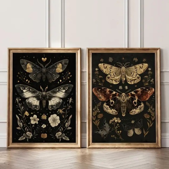 Boutique Other - Dark Floral Moth Canvas Prints - Set of 2 Wall Art
